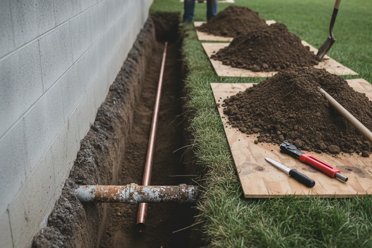 Excavated water line trench during Sewer Line Repair in Senecaville